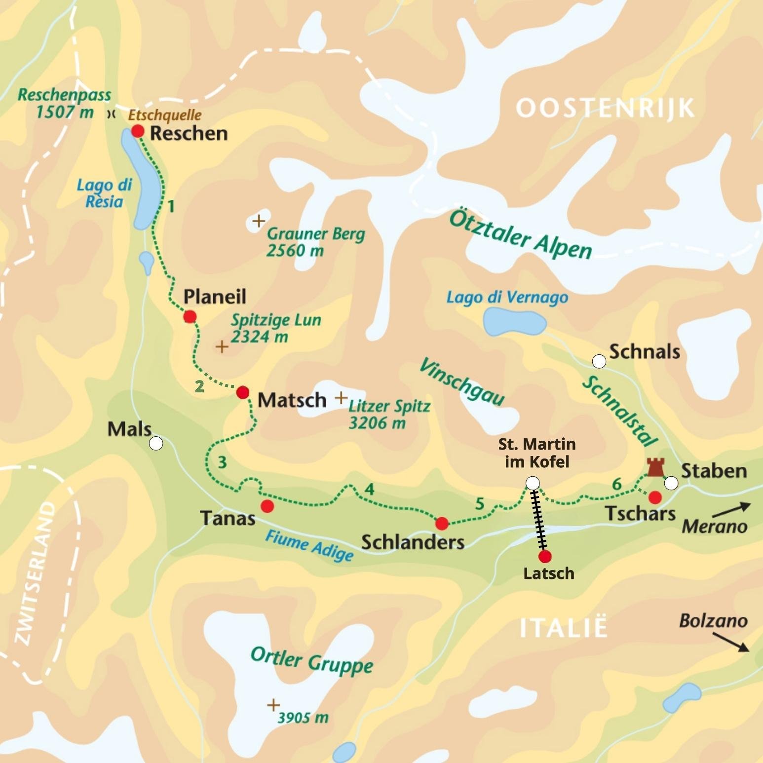 Wandelreis Val Venosta 8d overzichtskaart