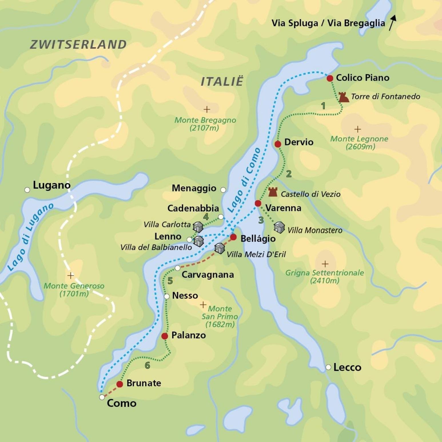 Wandelreis Lago di Como overzichtskaart